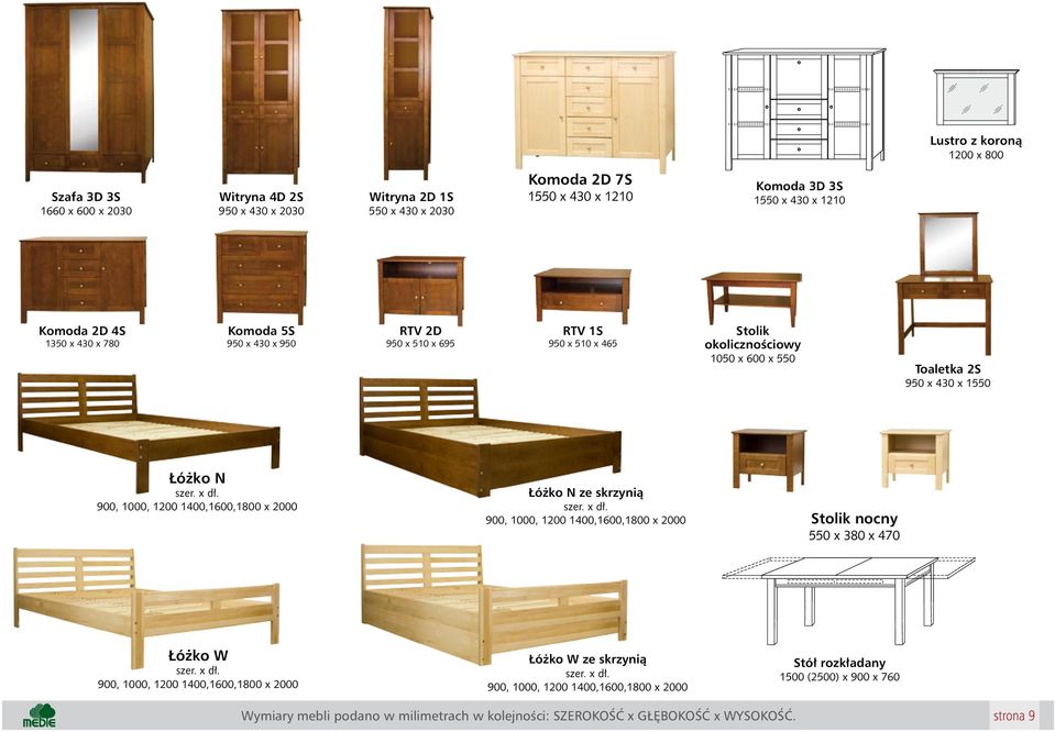 900, 1000, 1200 1400,1600,1800 x 2000 Łóżko N ze skrzynią szer. x dł. 900, 1000, 1200 1400,1600,1800 x 2000 Stolik nocny 550 x 380 x 470 Łóżko W szer. x dł. 900, 1000, 1200 1400,1600,1800 x 2000 Łóżko W ze skrzynią szer.