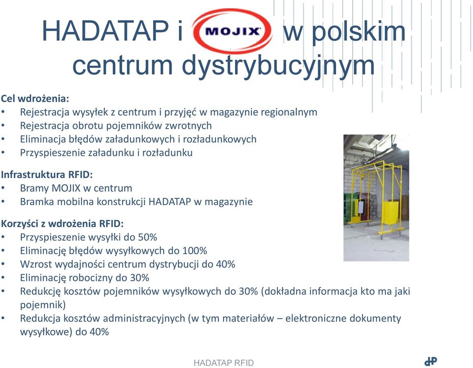 Korzyści z wdrożenia RFID: Przyspieszenie wysyłki do 50% Eliminację błędów wysyłkowych do 100% Wzrost wydajności centrum dystrybucji do 40% Eliminację robocizny do 30%