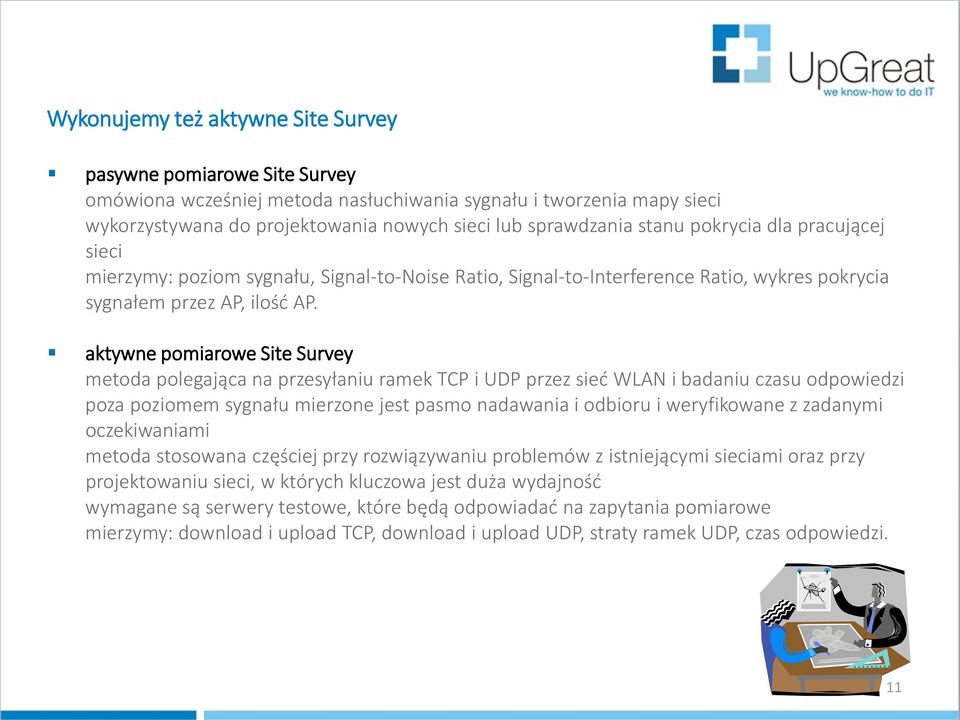 aktywne pomiarowe Site Survey metoda polegająca na przesyłaniu ramek TCP i UDP przez sieć WLAN i badaniu czasu odpowiedzi poza poziomem sygnału mierzone jest pasmo nadawania i odbioru i weryfikowane