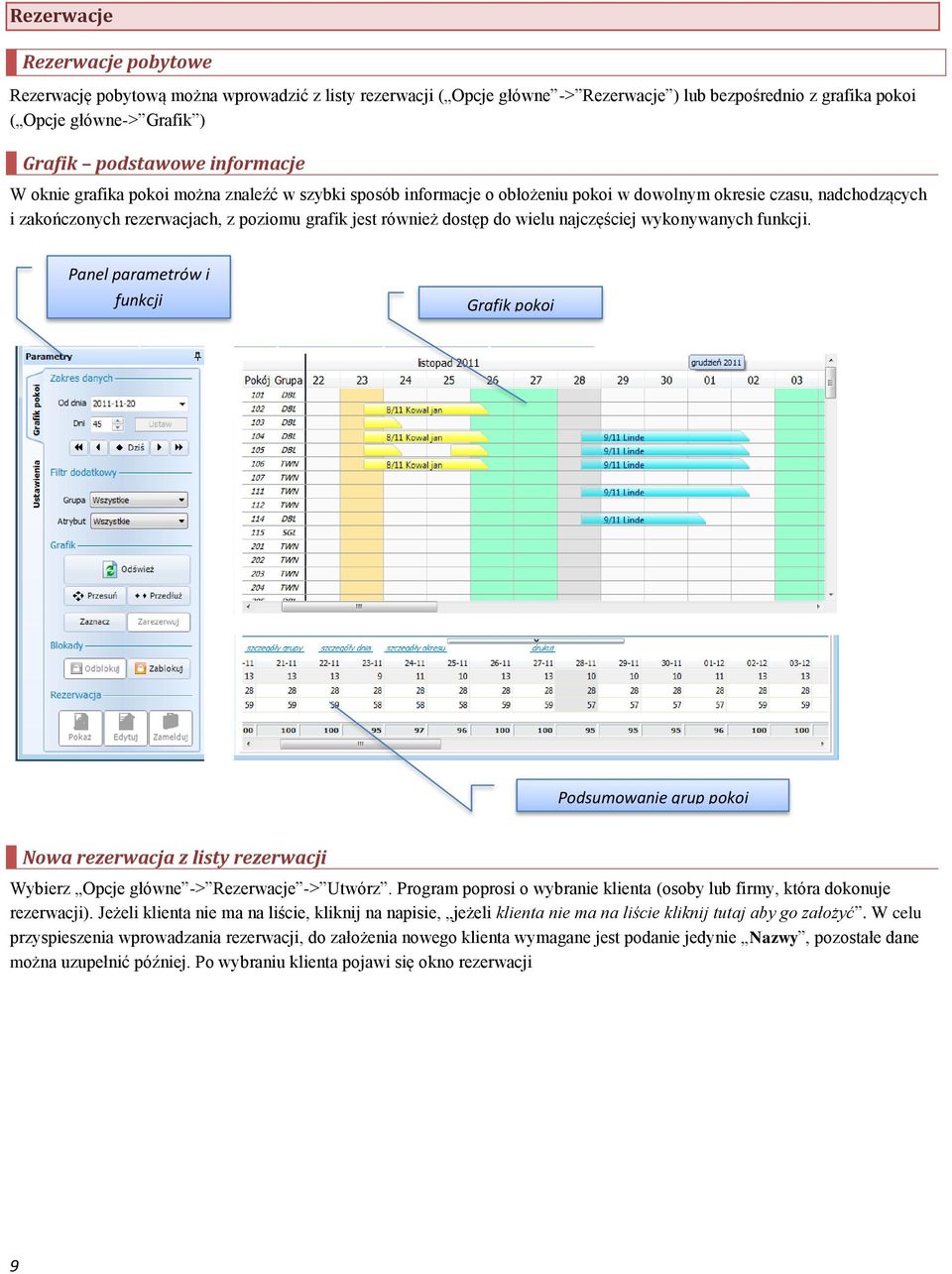 do wielu najczęściej wykonywanych funkcji. Panel parametrów i funkcji Grafik pokoi Podsumowanie grup pokoi Nowa rezerwacja z listy rezerwacji Wybierz Opcje główne -> Rezerwacje -> Utwórz.