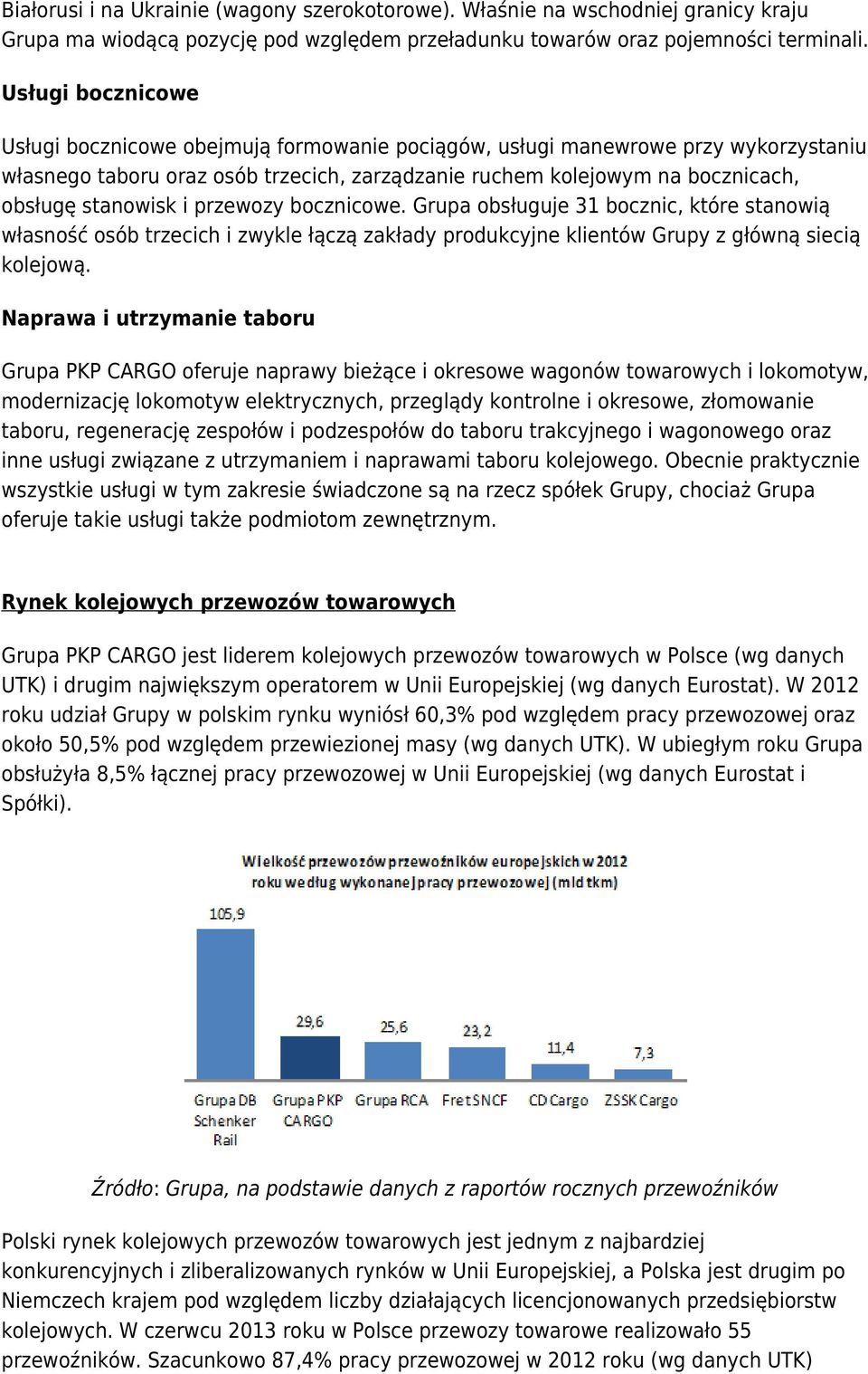 i przewozy bocznicowe. Grupa obsługuje 31 bocznic, które stanowią własność osób trzecich i zwykle łączą zakłady produkcyjne klientów Grupy z główną siecią kolejową.