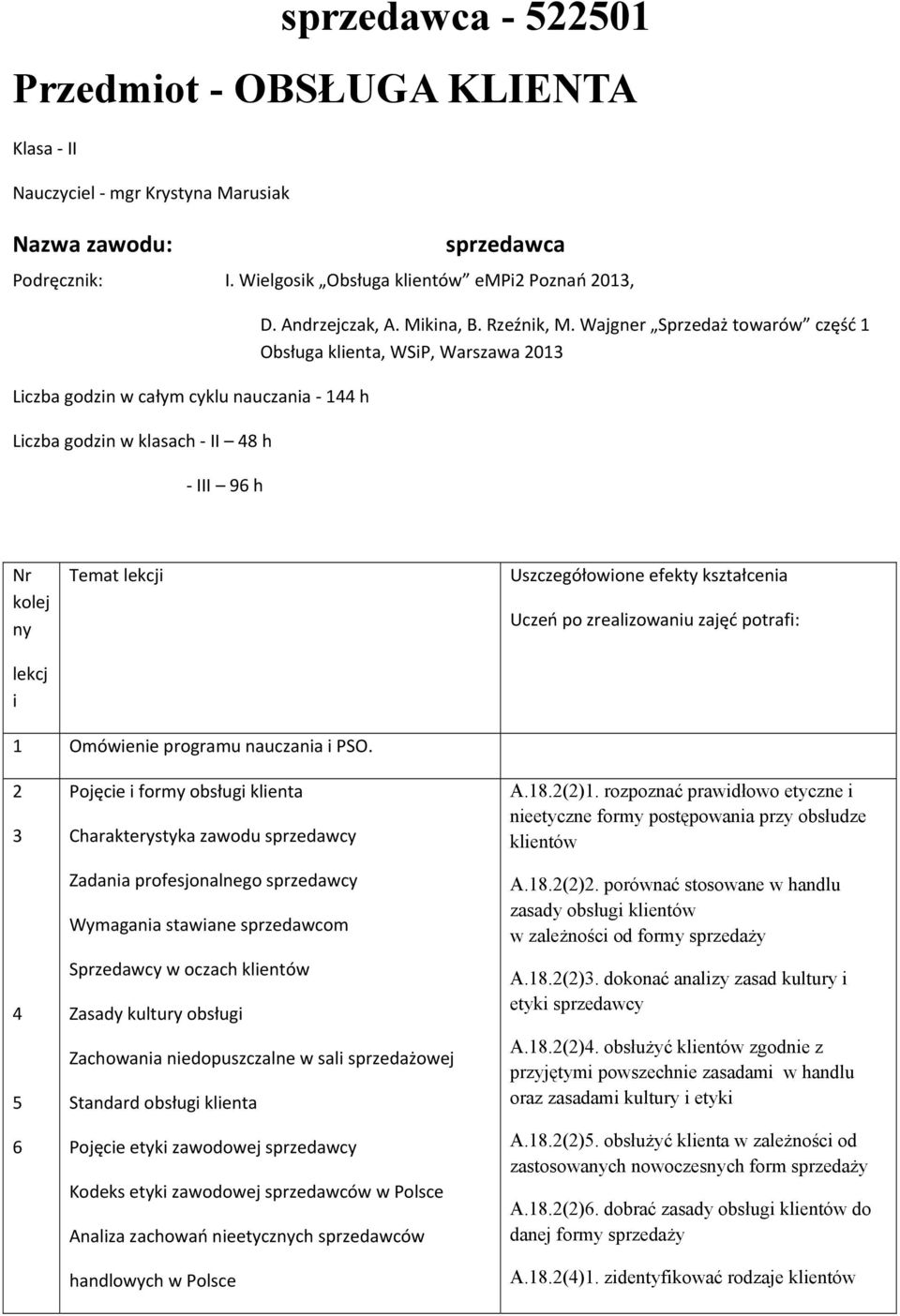 Wajgner Sprzedaż towarów część 1 Obsługa klienta, WSiP, Warszawa 2013 Nr kolej ny lekcj i Temat lekcji Uszczegółowione efekty kształcenia Uczeń po zrealizowaniu zajęć potrafi: 1 Omówienie programu