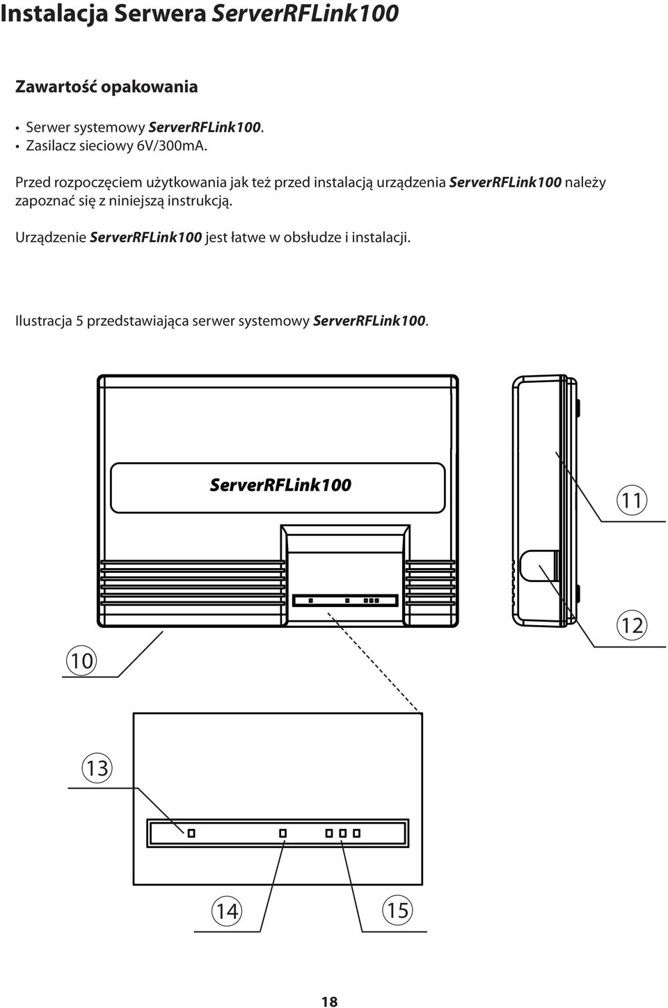 Przed rozpoczęciem użytkowania jak też przed instalacją urządzenia ServerRFLink100 należy zapoznać