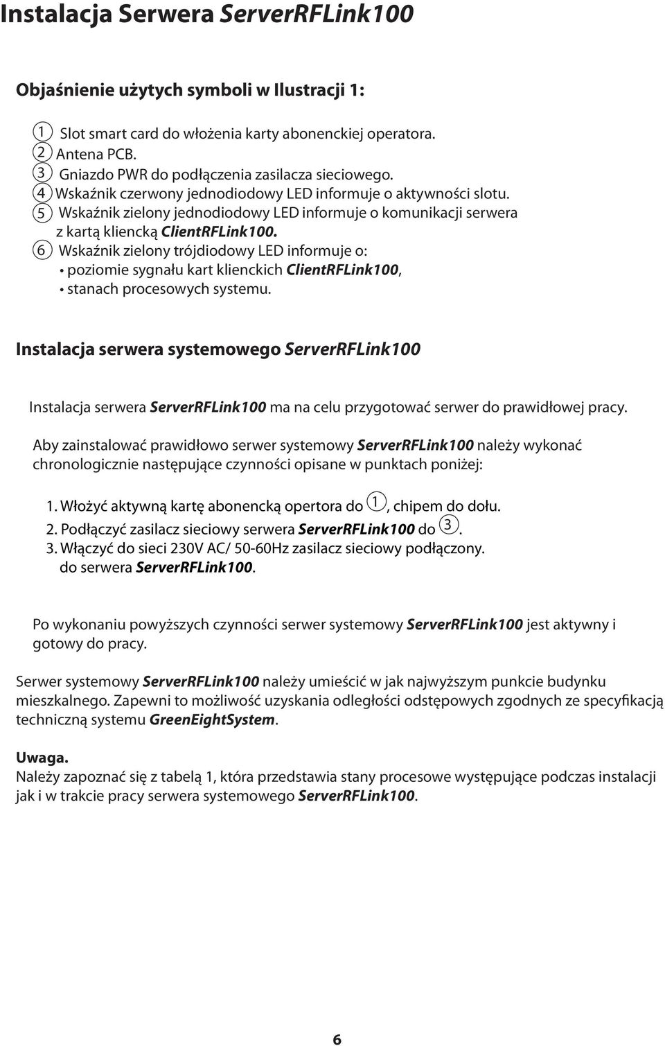 5 Wskaźnik zielony jednodiodowy LED informuje o komunikacji serwera z kartą kliencką ClientRFLink100.