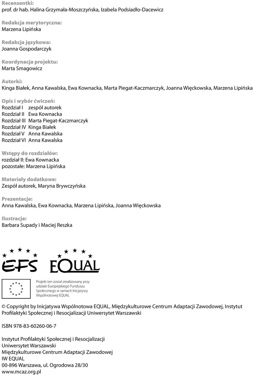 Anna Kawalska, Ewa Kownacka, Marta Piegat-Kaczmarczyk, Joanna Więckowska, Marzena Lipińska Opis i wybór ćwiczeń: Rozdział I zespół autorek Rozdział II Ewa Kownacka Rozdział III Marta