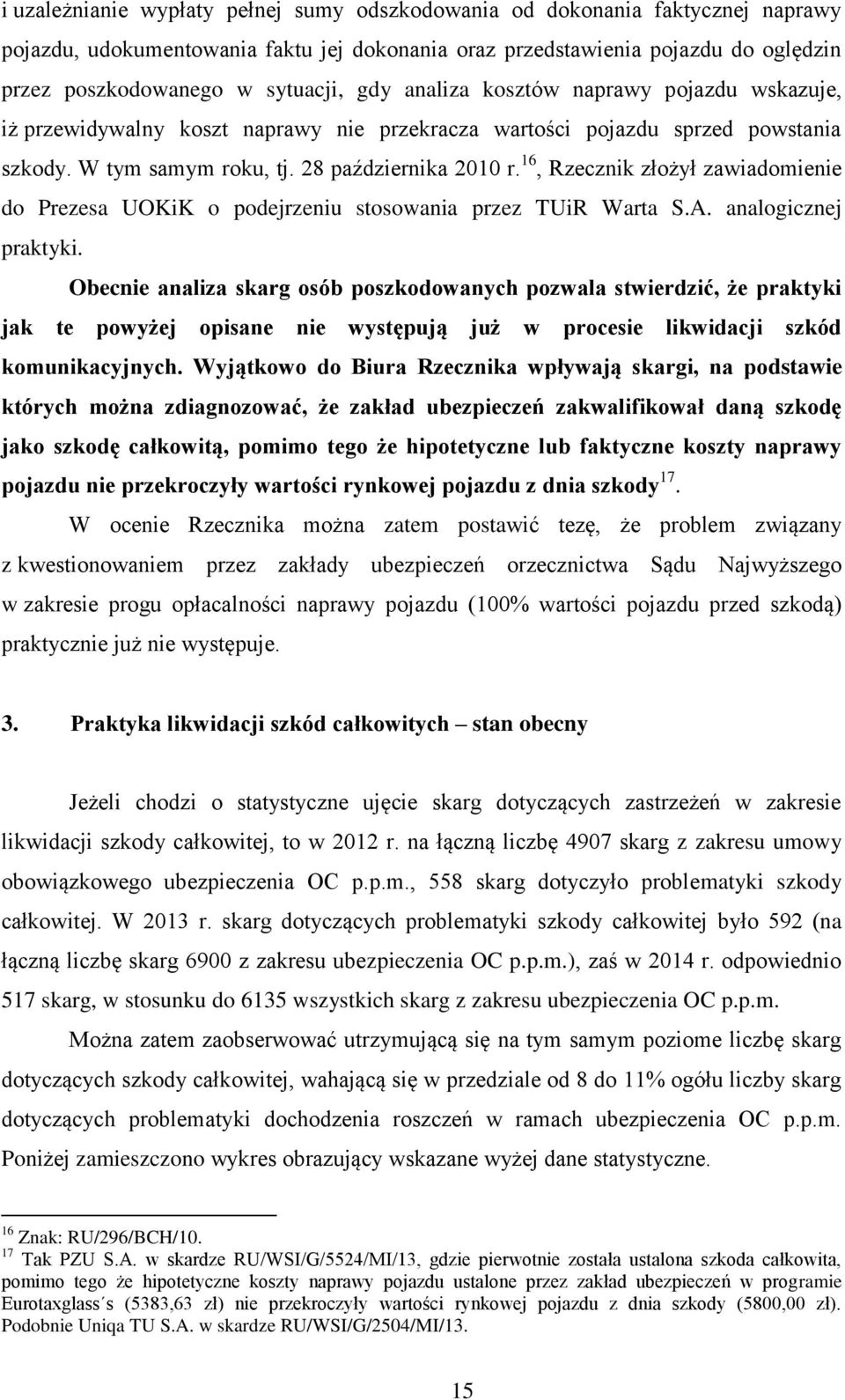 16, Rzecznik złożył zawiadomienie do Prezesa UOKiK o podejrzeniu stosowania przez TUiR Warta S.A. analogicznej praktyki.