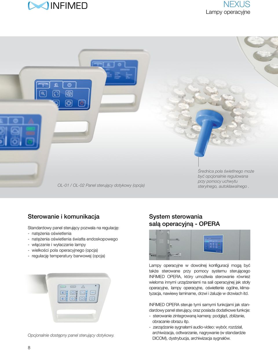 operacyjnego (opcja) - regulację temperatury barwowej (opcja) System sterowania salą operacyjną - OPERA Lampy operacyjne w dowolnej konfiguracji mogą być także sterowane przy pomocy systemu