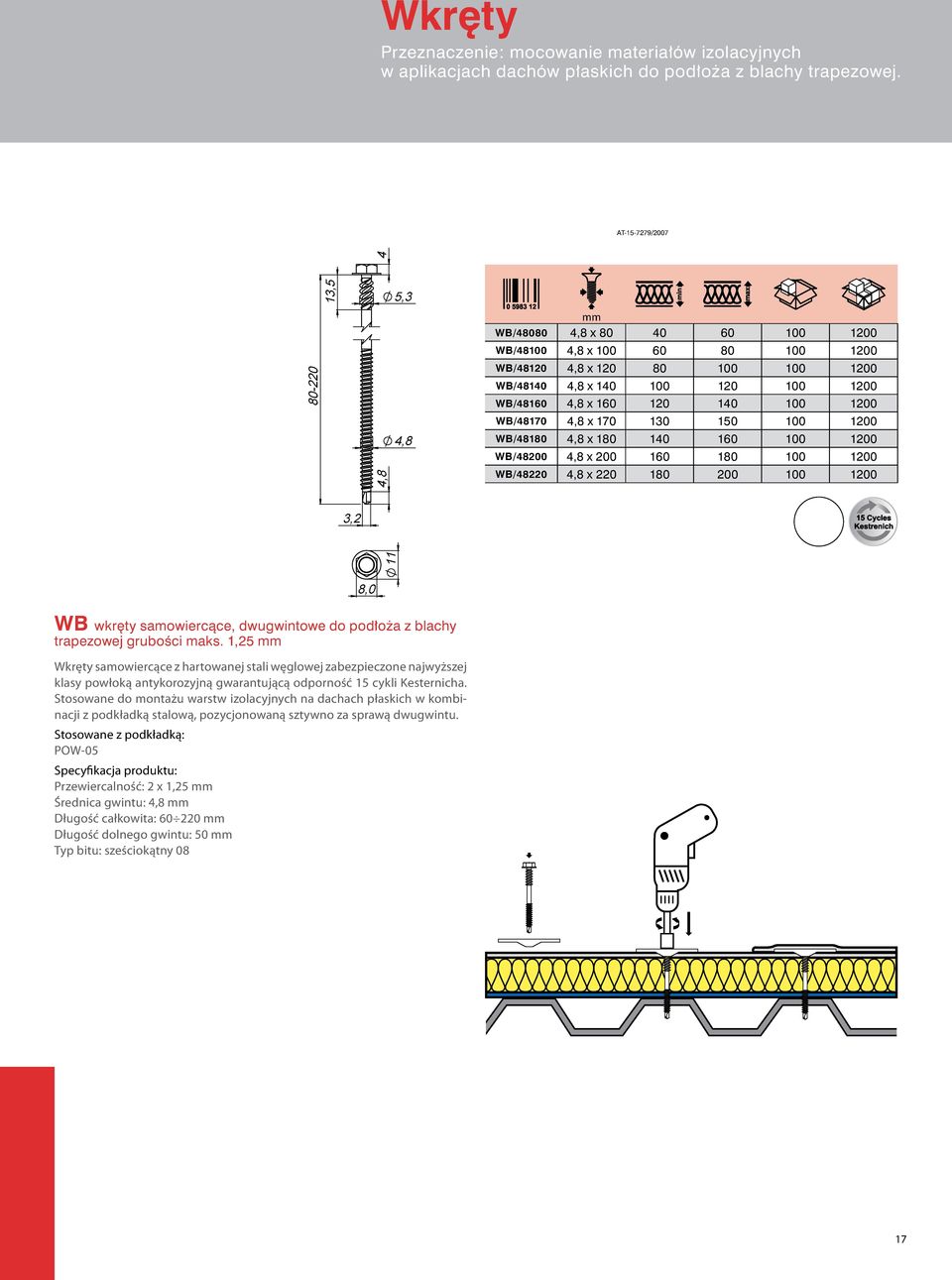 WB/48180 4,8 x 180 140 160 1200 WB/48200 4,8 x 200 160 180 1200 WB/48220 4,8 x 220 180 200 1200 11 4 13,5 4,8 5,3 4,8 3,2 8,0 WB wkręty samowiercące, dwugwintowe do podłoża z blachy trapezowej