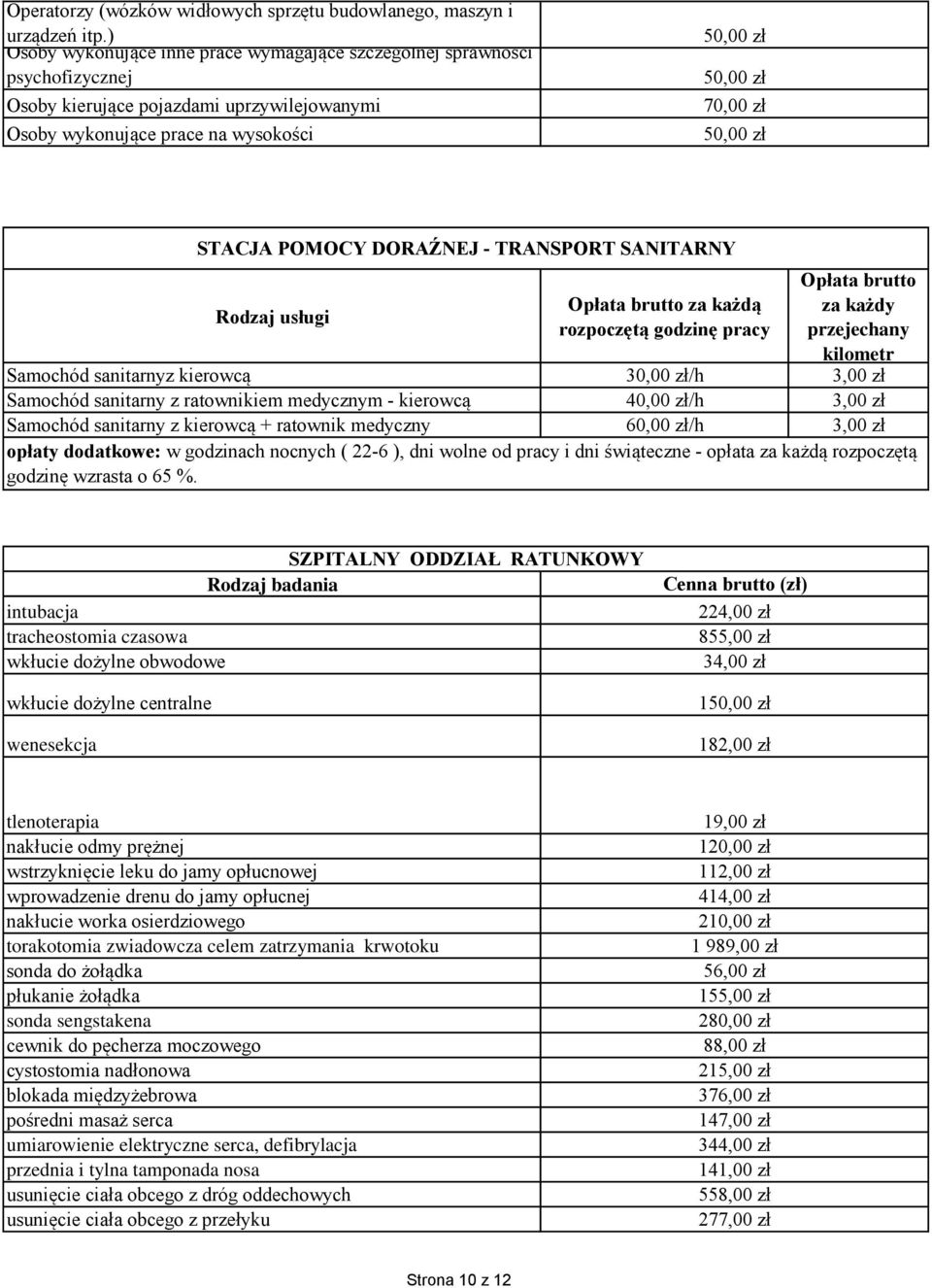 STACJA POMOCY DORAŹNEJ - TRANSPORT SANITARNY Rodzaj usługi Opłata brutto za każdą rozpoczętą godzinę pracy Opłata brutto za każdy przejechany kilometr Samochód sanitarnyz kierowcą 30,00 zł/h 3,00 zł