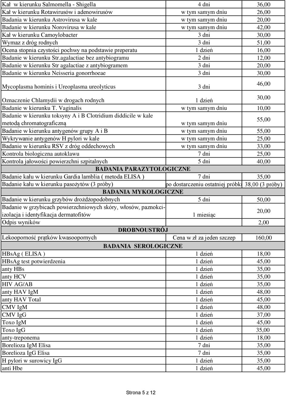 agalactiae bez antybiogramu 2 dni 12,00 Badanie w kierunku Str agalactiae z antybiogramem 3 dni 20,00 Badanie w kierunku Neisseria gonorrhoeae 3 dni 30,00 Mycoplasma hominis i Ureoplasma ureolyticus