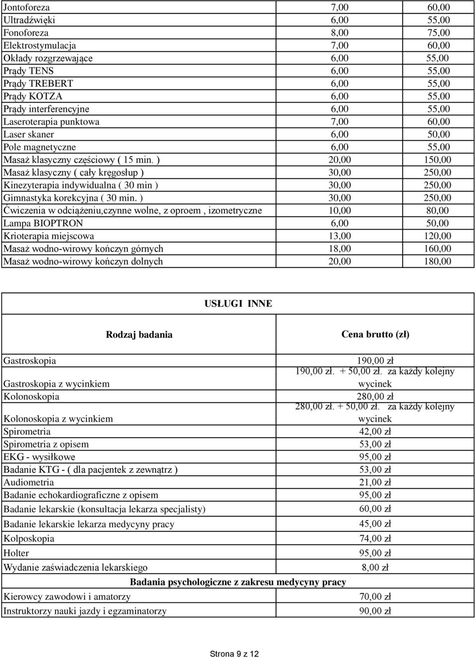 ) 20,00 150,00 Masaż klasyczny ( cały kręgosłup ) 30,00 250,00 Kinezyterapia indywidualna ( 30 min ) 30,00 250,00 Gimnastyka korekcyjna ( 30 min.