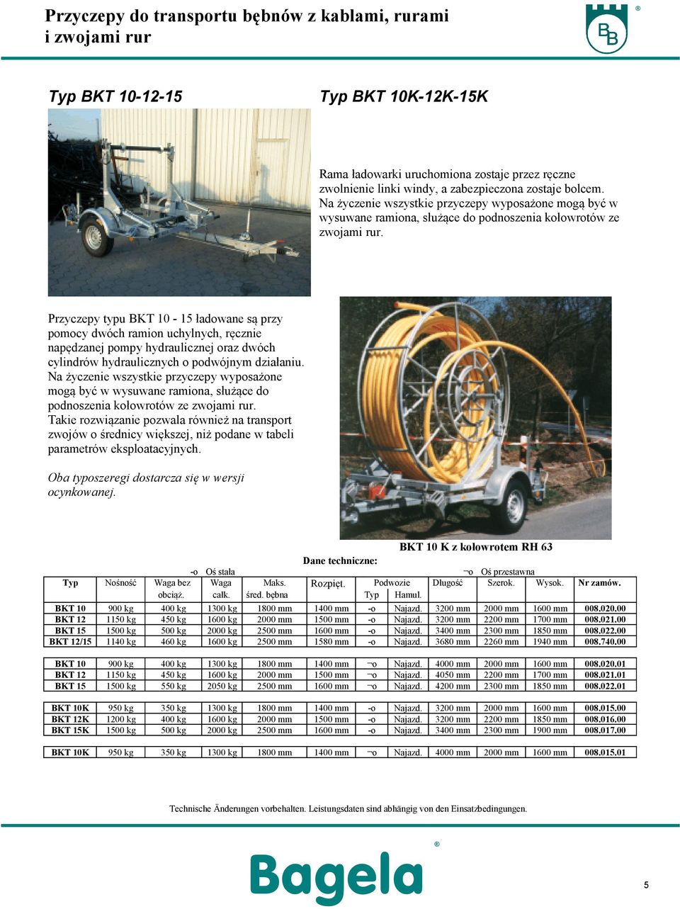 Przyczepy typu BKT 0-5 ładowane są przy pomocy dwóch ramion uchylnych, ręcznie napędzanej pompy hydraulicznej oraz dwóch cylindrów hydraulicznych o podwójnym działaniu.