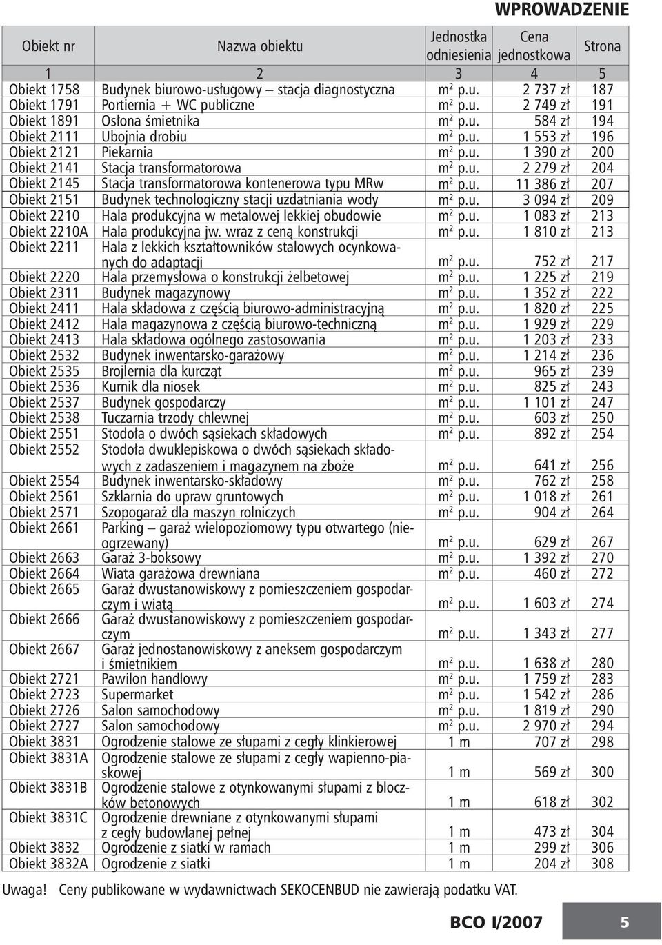 u. 2 279 zł 204 Obiekt 2145 Stacja transformatorowa kontenerowa typu MRw m 2 p.u. 11 386 zł 207 Obiekt 2151 Budynek technologiczny stacji uzdatniania wody m 2 p.u. 3 094 zł 209 Obiekt 2210 Hala produkcyjna w metalowej lekkiej obudowie m 2 p.