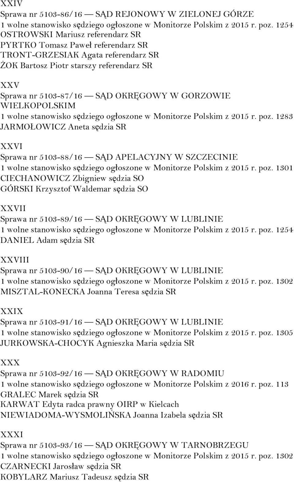 Waldemar sędzia SO XXVII Sprawa nr 5103-89/16 SĄD OKRĘGOWY W LUBLINIE DANIEL Adam sędzia SR XXVIII Sprawa nr 5103-90/16 SĄD OKRĘGOWY W LUBLINIE 1 wolne stanowisko sędziego ogłoszone w Monitorze