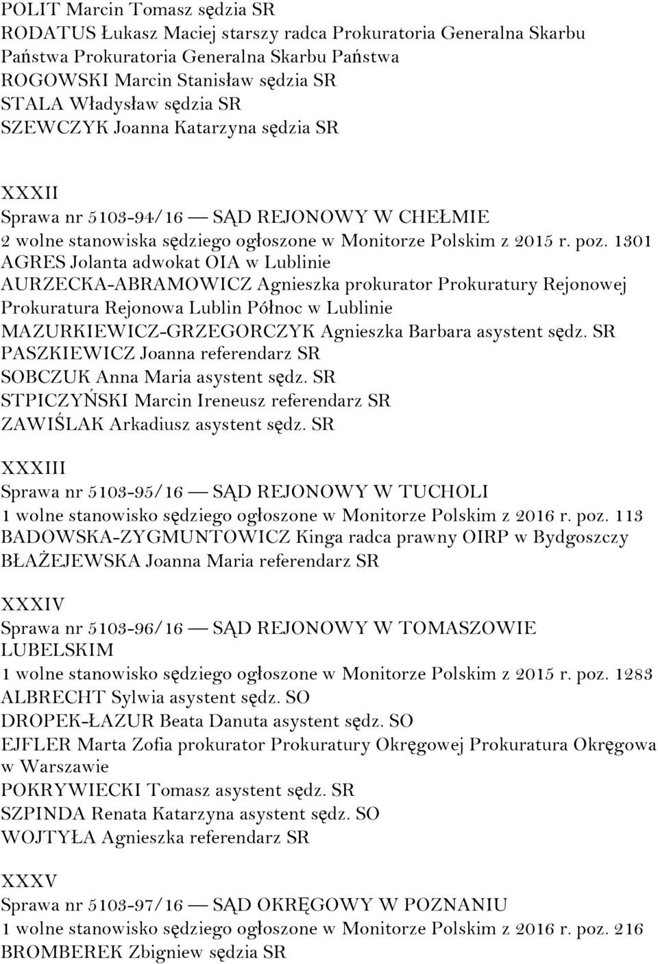 1301 AGRES Jolanta adwokat OIA w Lublinie AURZECKA-ABRAMOWICZ Agnieszka prokurator Prokuratury Rejonowej Prokuratura Rejonowa Lublin Północ w Lublinie MAZURKIEWICZ-GRZEGORCZYK Agnieszka Barbara