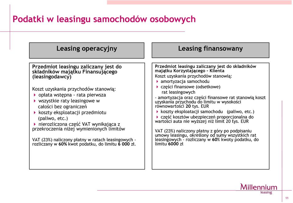 ) nierozliczona część VAT wynikająca z przekroczenia niżej wymienionych limitów VAT (23%) naliczony płatny w ratach leasingowych - rozliczany w 60% kwot podatku, do limitu 6 000 zł.