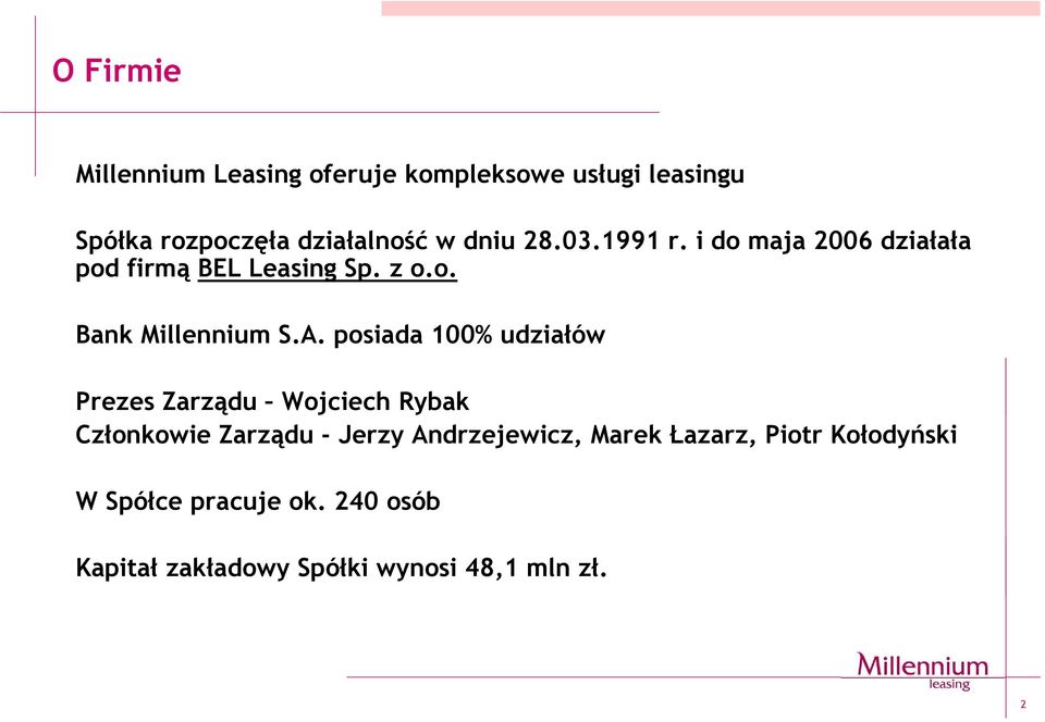 posiada 100% udziałów Prezes Zarządu Wojciech Rybak Członkowie Zarządu - Jerzy Andrzejewicz, Marek