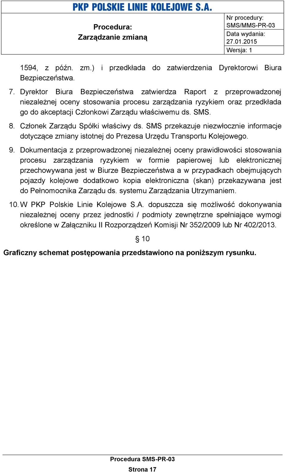 Członek Zarządu Spółki właściwy ds. SMS przekazuje niezwłocznie informacje dotyczące zmiany istotnej do Prezesa Urzędu Transportu Kolejowego. 9.