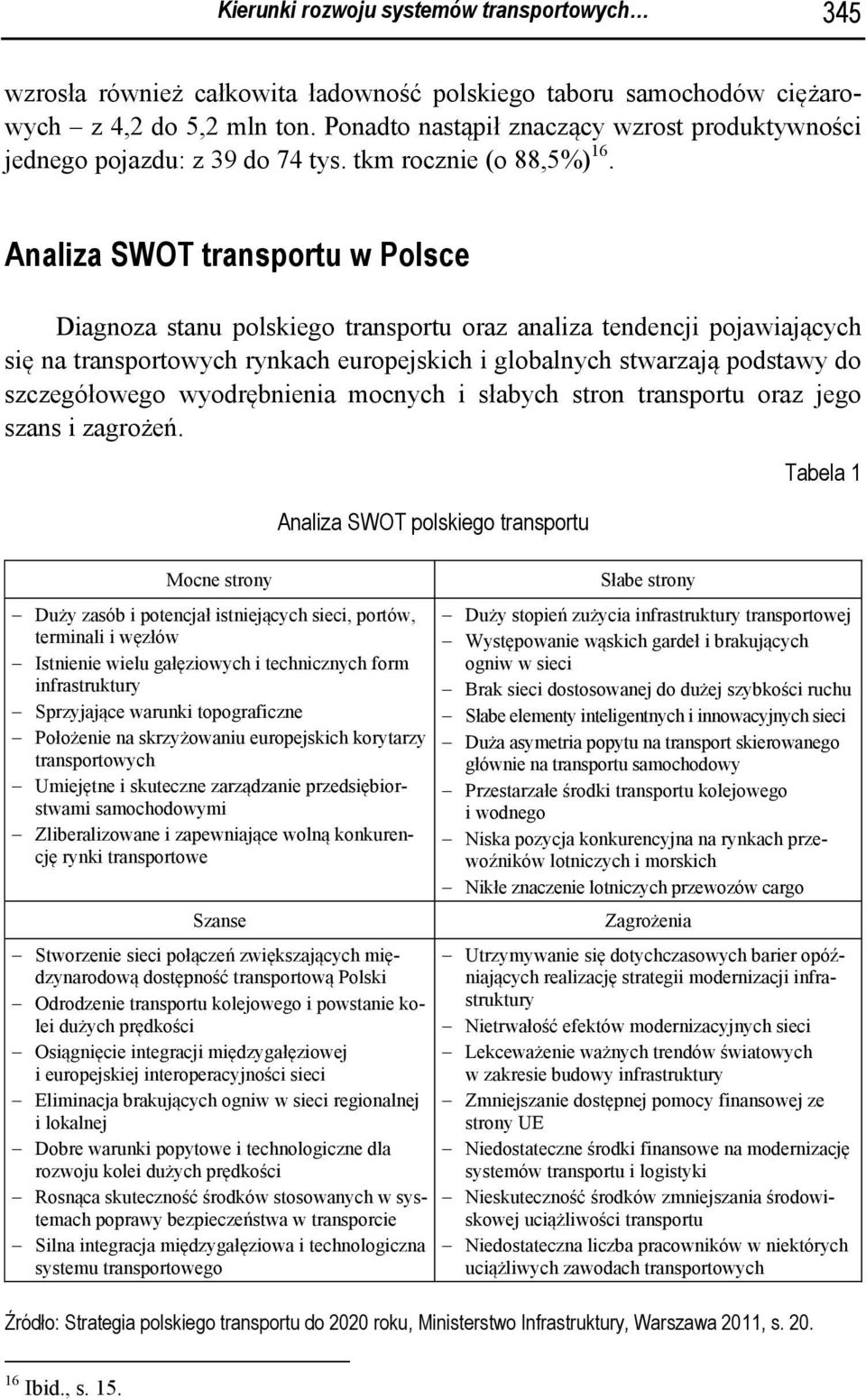 Analiza SWOT transportu w Polsce Diagnoza stanu polskiego transportu oraz analiza tendencji pojawiających się na transportowych rynkach europejskich i globalnych stwarzają podstawy do szczegółowego