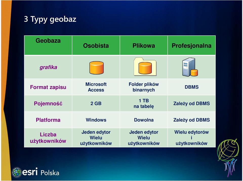 Zależy od DBMS Platforma Windows Dowolna Zależy od DBMS Liczba użytkowników