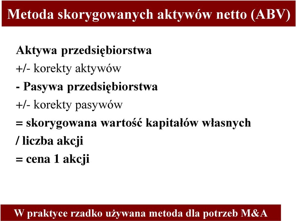 korekty przedsiębiorstwa aktywów - +/- Pasywa korekty przedsiębiorstwa aktywów +/- - / Pasywa liczba korekty przedsiębiorstwa akcji pasywów = +/- = wartość