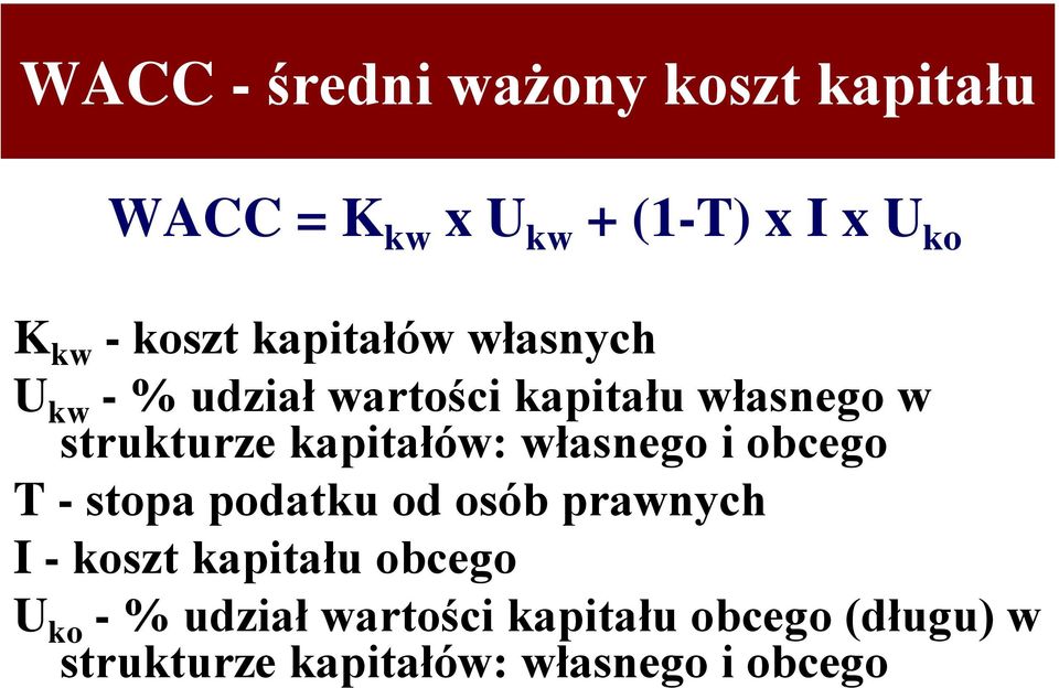 kapitałów: własnego i obcego T - stopa podatku od osób prawnych I - koszt kapitału