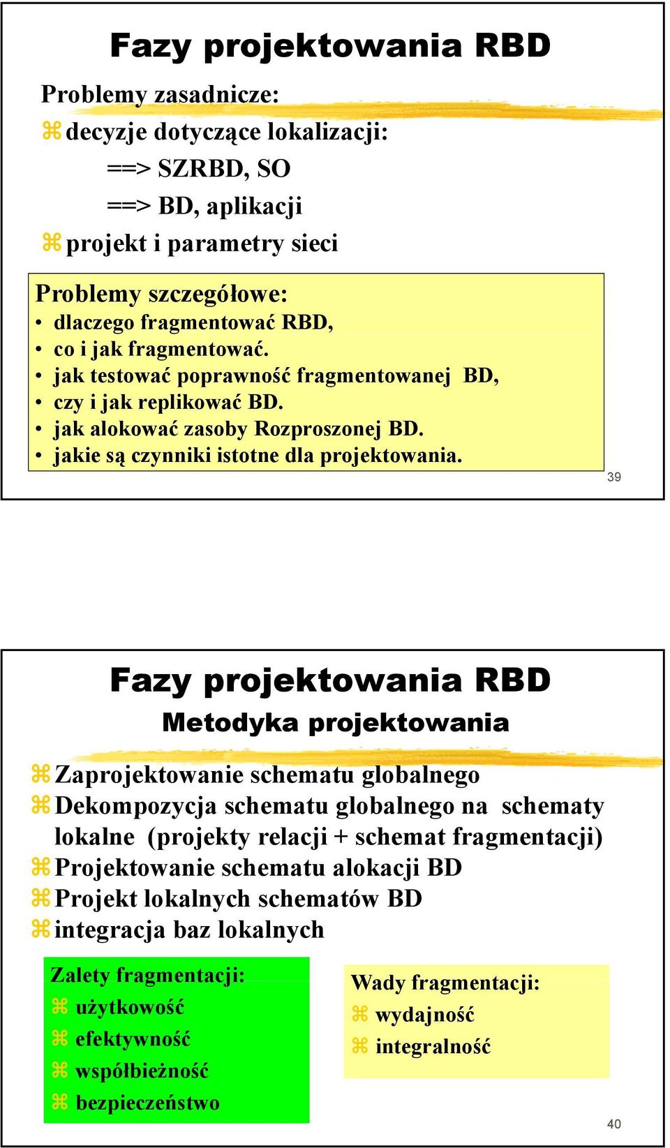 39 Fazy projektowania RBD Metodyka projektowania Zaprojektowanie schematu globalnego Dekompozycja p y j schematu globalnego g na schematy lokalne (projekty relacji + schemat fragmentacji)