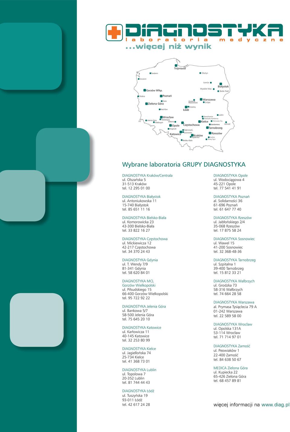 T. Wendy 7/9 81-341 Gdynia tel. 58 620 84 01 DIAGNOSTYKA MCL Gorzów Wielkopolski ul. Piłsudskiego 15 66-400 Gorzów Wielkopolski tel. 95 722 92 22 DIAGNOSTYKA Jelenia Góra ul.