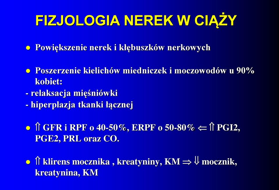 mięśniówki - hiperplazja tkanki łącznej GFR i RPF o 40-50%, ERPF o 50-80%