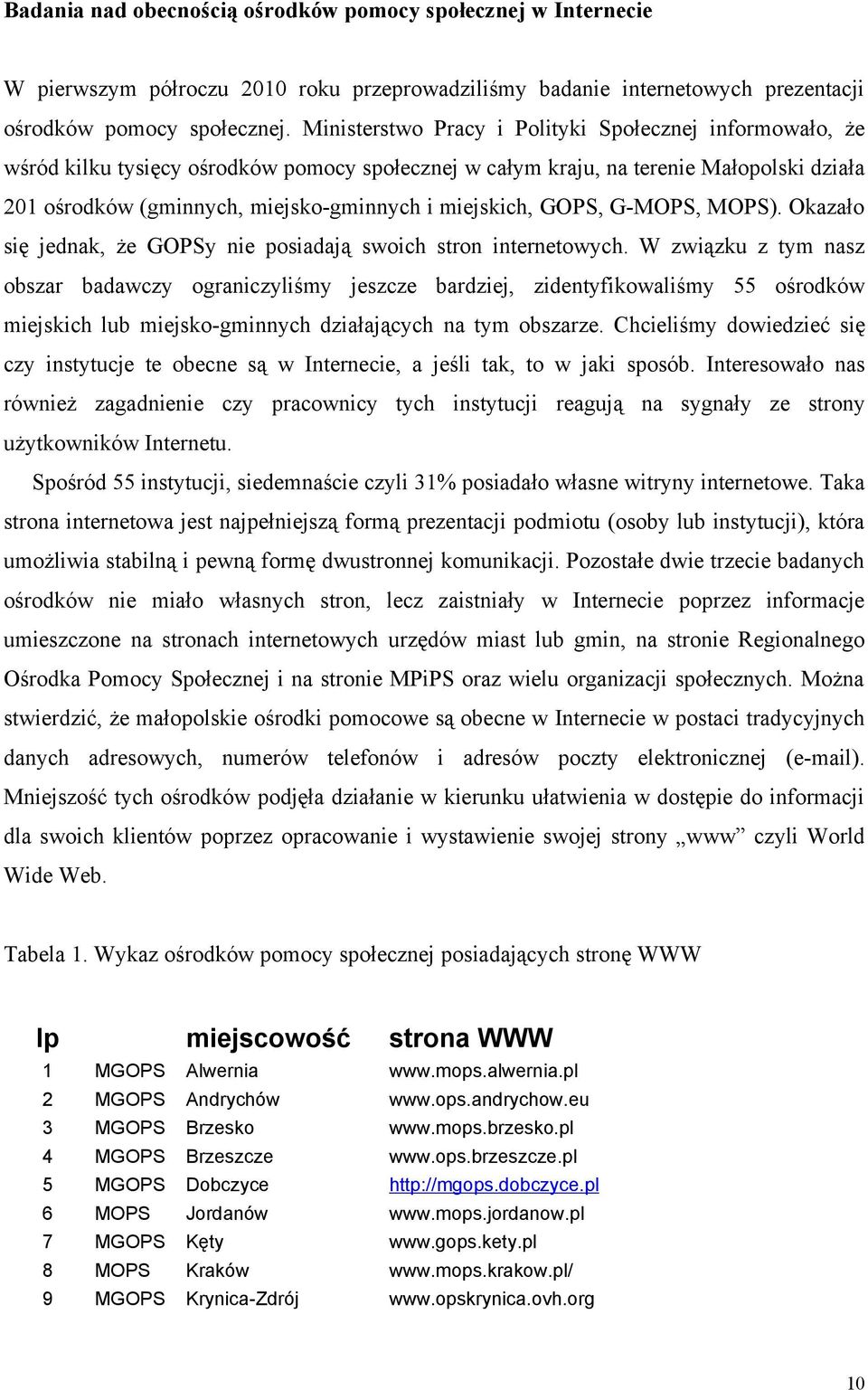 miejskich, GOPS, G-MOPS, MOPS). Okazało się jednak, że GOPSy nie posiadają swoich stron internetowych.
