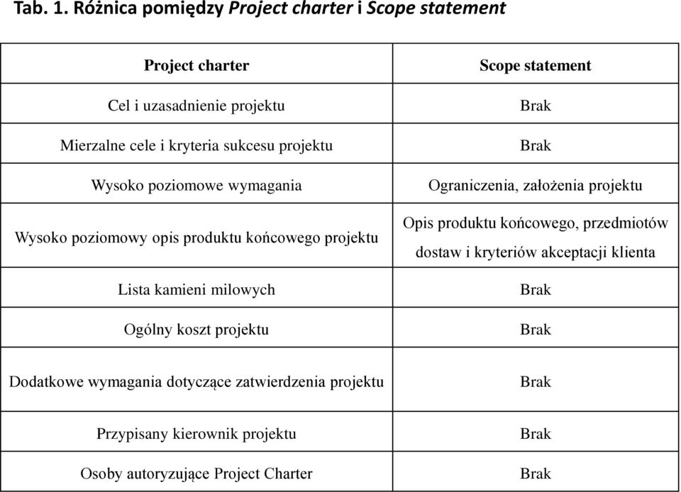 projektu Wysoko poziomowe wymagania Wysoko poziomowy opis produktu końcowego projektu Lista kamieni milowych Ogólny koszt projektu