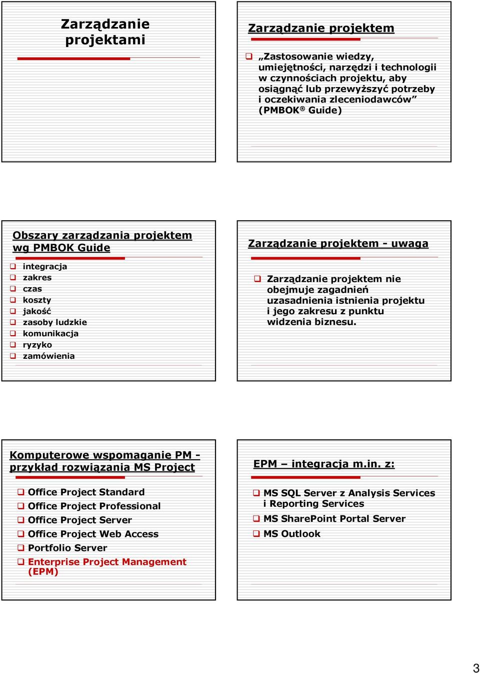 obejmuje zagadnień uzasadnienia istnienia projektu i jego zakresu z punktu widzenia biznesu. Komputerowe wspomaganie PM - przykład rozwiązania MS Project EPM int