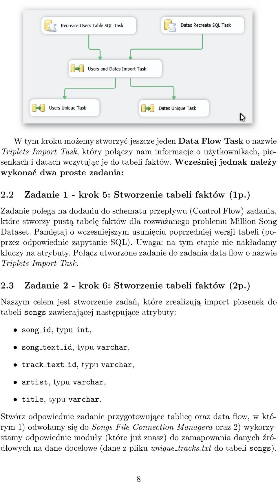 ) Zadanie polega na dodaniu do schematu przepływu (Control Flow) zadania, które stworzy pustą tabelę faktów dla rozważanego problemu Million Song Dataset.