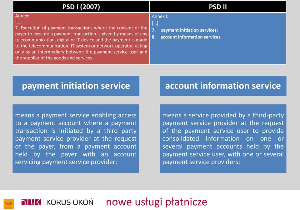telecommunication, IT system or network operator, acting only as an intermediary between the payment service user and the supplier of the goods and services. PSD II Annex I: [ ] 7.