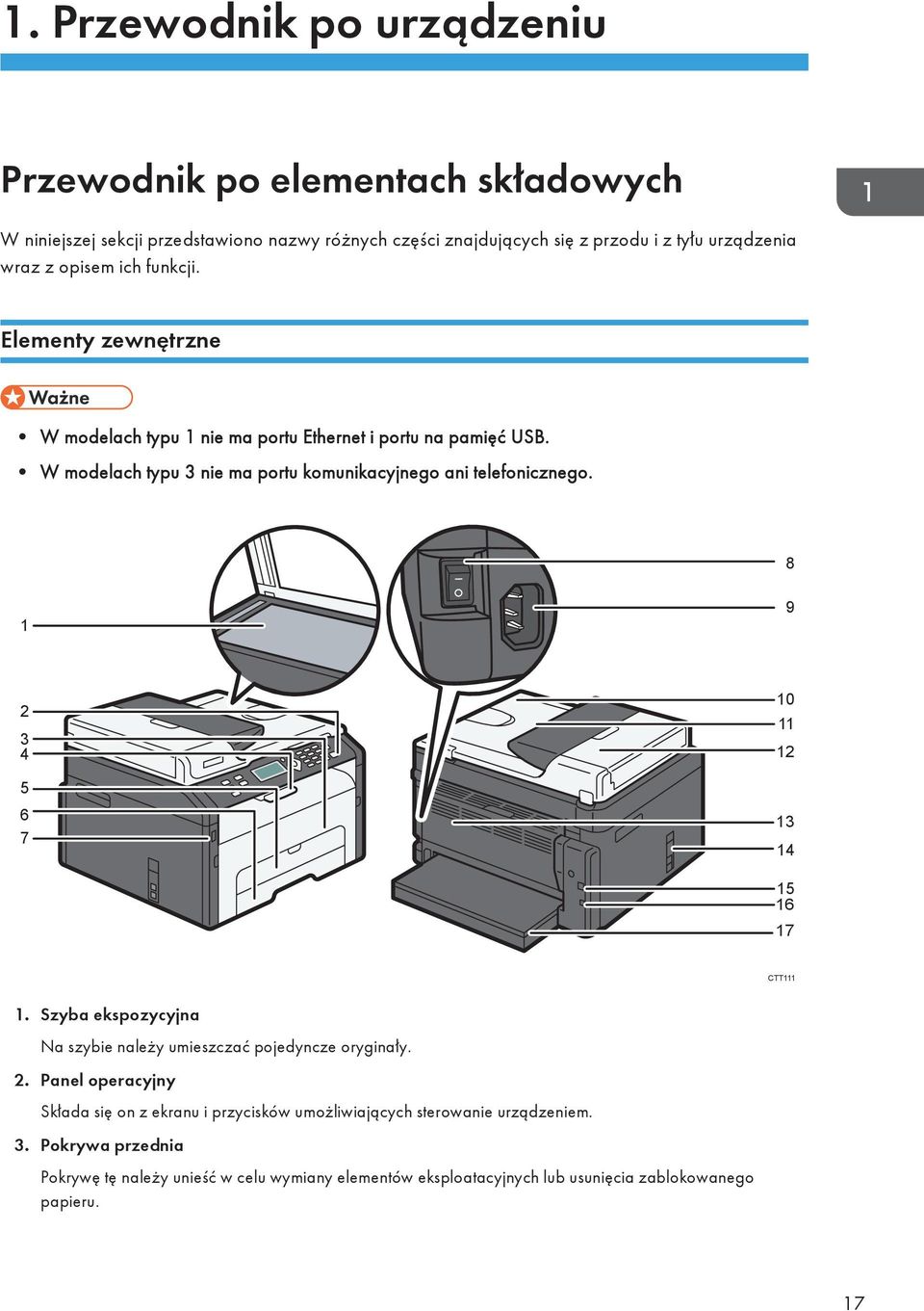 8 1 9 2 3 4 5 6 7 10 11 12 13 14 16 15 17 CTT111 1. Szyba ekspozycyjna Na szybie należy umieszczać pojedyncze oryginały. 2. Panel operacyjny Składa się on z ekranu i przycisków umożliwiających sterowanie urządzeniem.