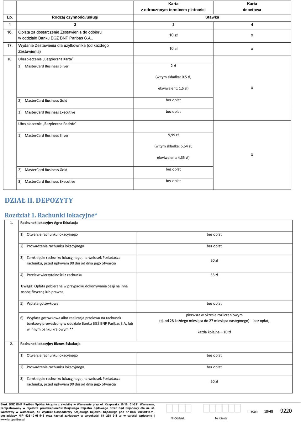 Ubezpieczenie Bezpieczna Karta 1) MasterCard Business Silver 2 zł (w tym składka: 0,5 zł, ekwiwalent: 1,5 zł) X 2) MasterCard Business Gold bez opłat 3) MasterCard Business Executive bez opłat