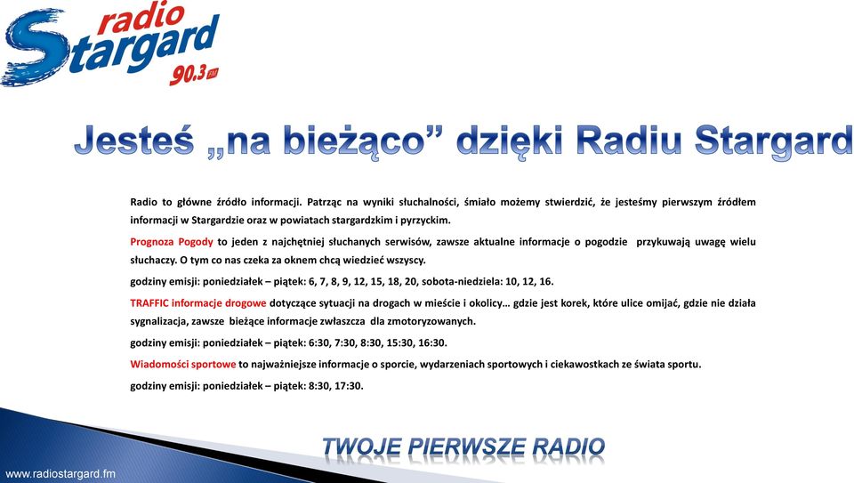 godziny emisji: poniedziałek piątek: 6, 7, 8, 9, 12, 15, 18, 20, sobota-niedziela: 10, 12, 16.