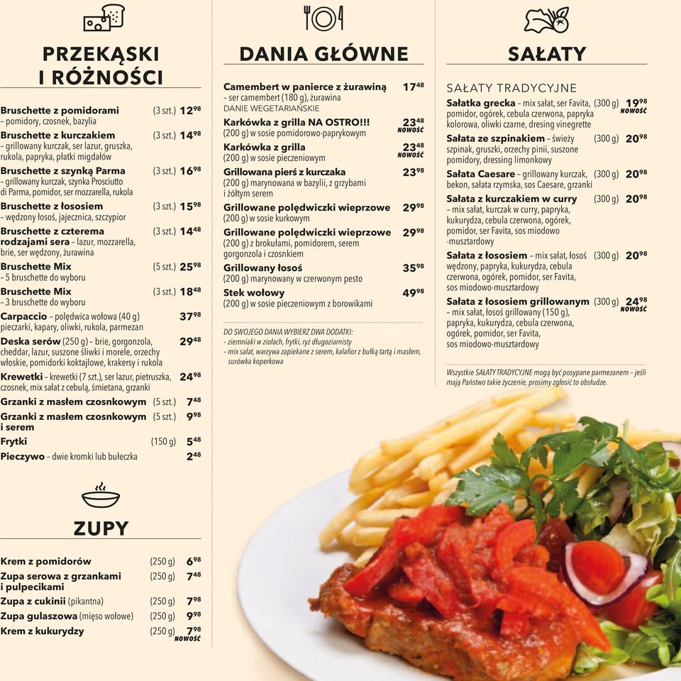 ) 16 98 grillowany kurczak, szynka Prosciutto di Parma, pomidor, ser mozzarella, rukola Bruschette z łososiem (3 szt.) 15 98 wędzony łosoś, jajecznica, szczypior Bruschette z czterema (3 szt.