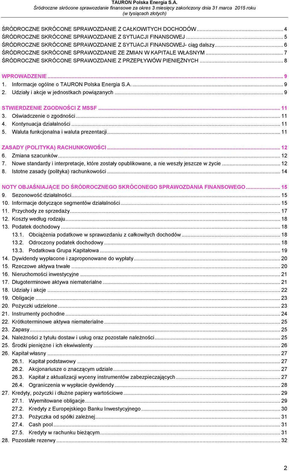 A.... 9 2. Udziały i akcje w jednostkach powiązanych... 9 STWIERDZENIE ZGODNOŚCI Z MSSF... 11 3. Oświadczenie o zgodności... 11 4. Kontynuacja działalności... 11 5.