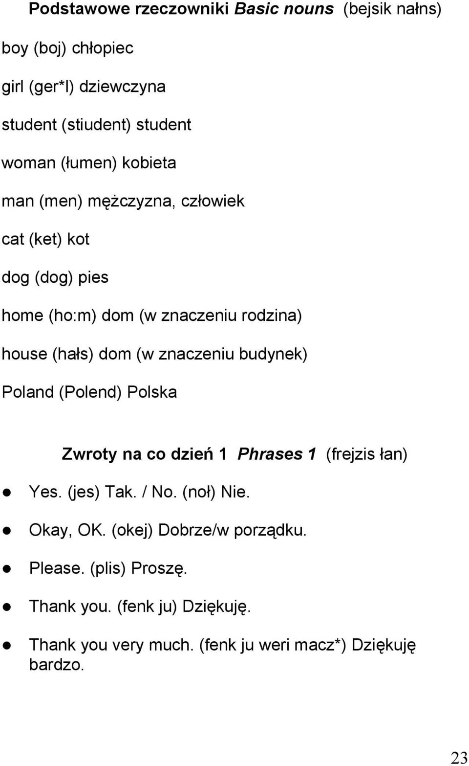 znaczeniu budynek) Poland (Polend) Polska Zwroty na co dzień 1 Phrases 1 (frejzis łan) Yes. (jes) Tak. / No. (noł) Nie. Okay, OK.