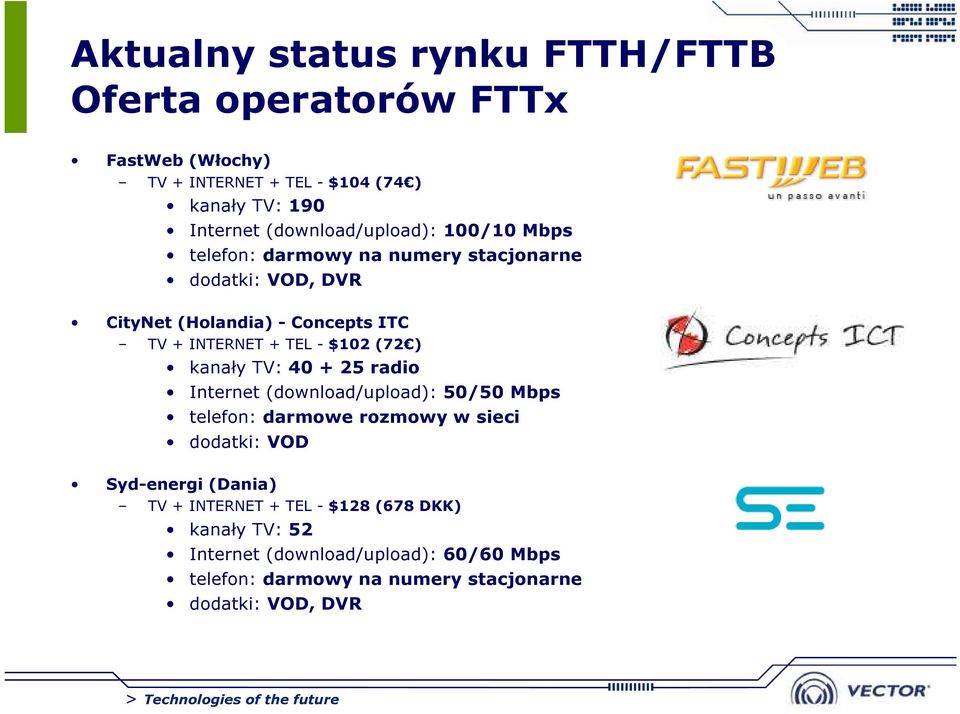 TEL - $102 (72 ) kanały TV: 40 + 25 radio Internet (download/upload): 50/50 Mbps telefon: darmowe rozmowy w sieci dodatki: VOD Syd-energi