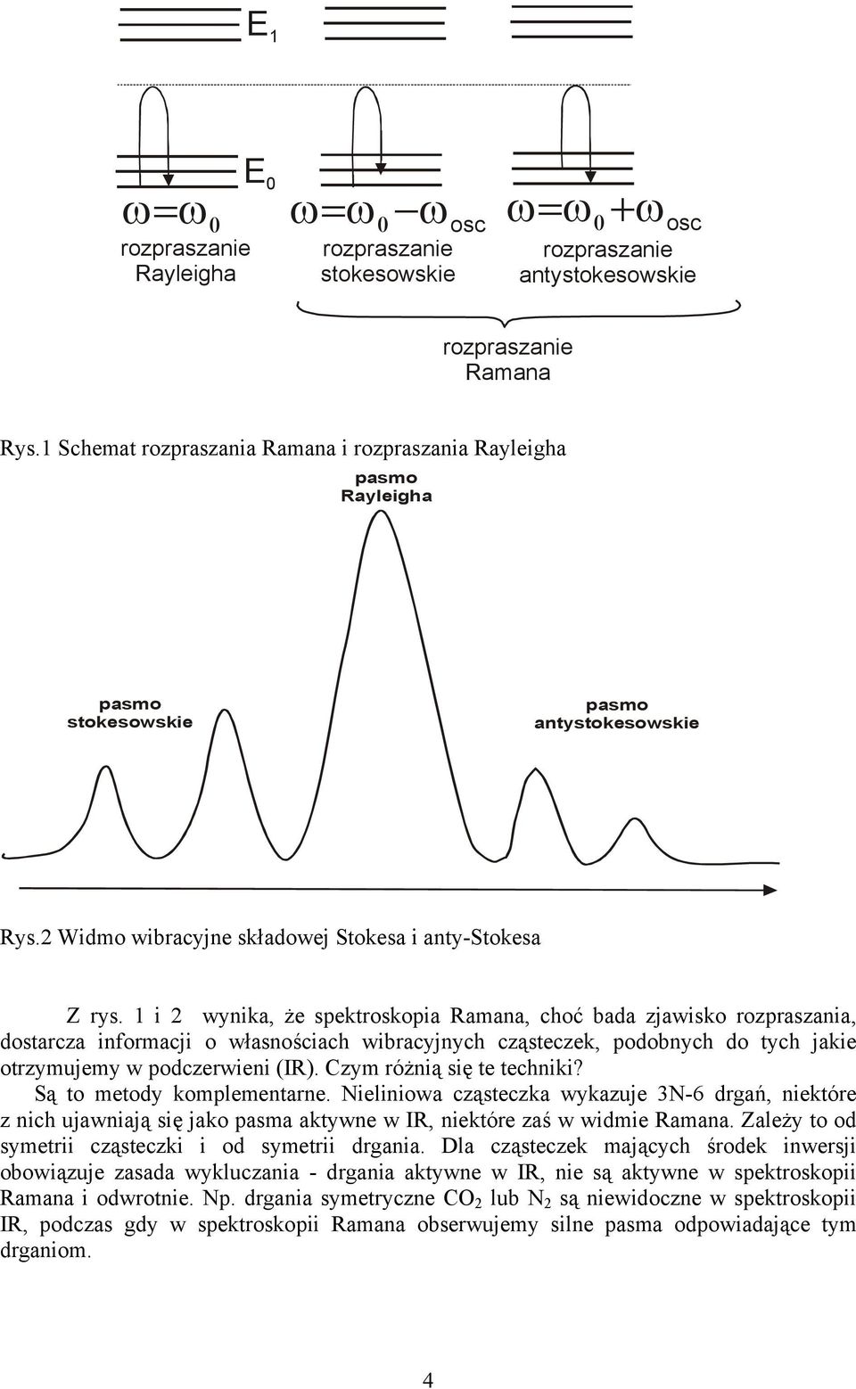 1 i 2 wynika, że spektroskopia Ramana, choć bada zjawisko rozpraszania, dostarcza informacji o własnościach wibracyjnych cząsteczek, podobnych do tych jakie otrzymujemy w podczerwieni (IR).