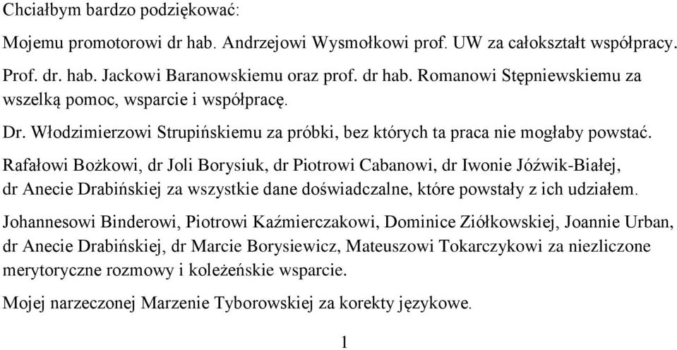 Rafałowi Bożkowi, dr Joli Borysiuk, dr Piotrowi Cabanowi, dr Iwonie Jóźwik-Białej, dr Anecie Drabińskiej za wszystkie dane doświadczalne, które powstały z ich udziałem.
