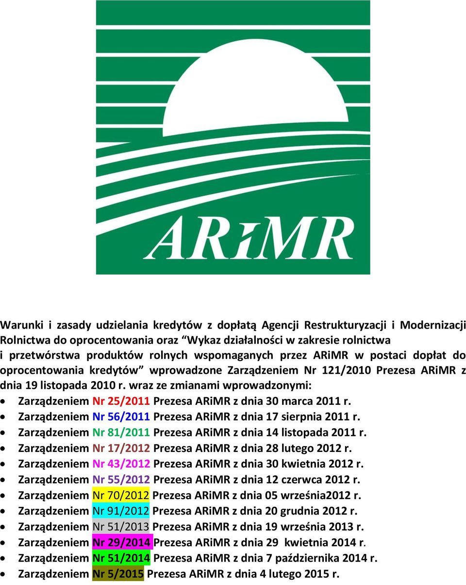 wspomaganych przez ARiMR w postaci dopłat do oprocentowania kredytów wprowadzone Zarządzeniem Nr 121/2010 Prezesa ARiMR z dnia 19 listopada 2010 r.