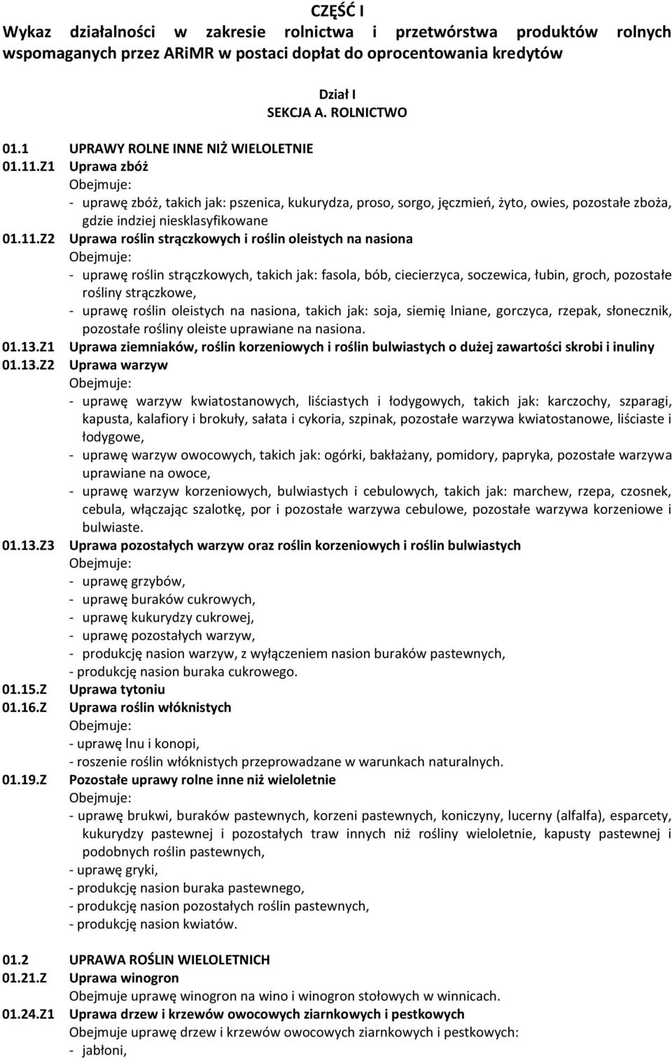 Z1 Uprawa zbóż Obejmuje: - uprawę zbóż, takich jak: pszenica, kukurydza, proso, sorgo, jęczmień, żyto, owies, pozostałe zboża, gdzie indziej niesklasyfikowane 01.11.
