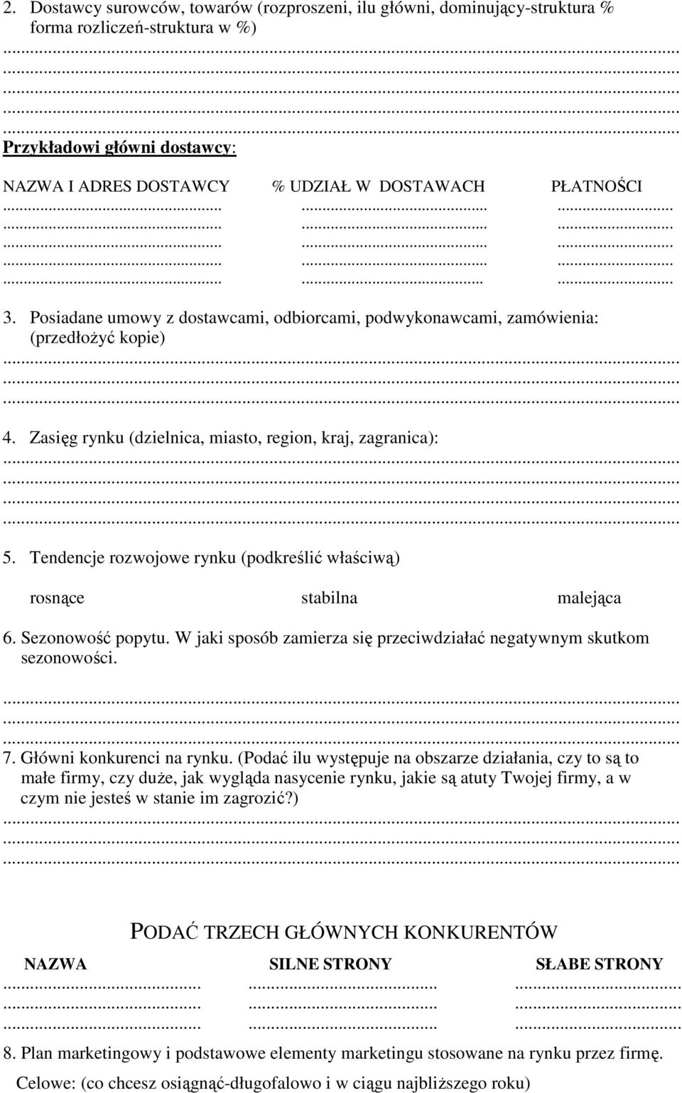 Tendencje rozwojowe rynku (podkreślić właściwą) rosnące stabilna malejąca 6. Sezonowość popytu. W jaki sposób zamierza się przeciwdziałać negatywnym skutkom sezonowości. 7. Główni konkurenci na rynku.