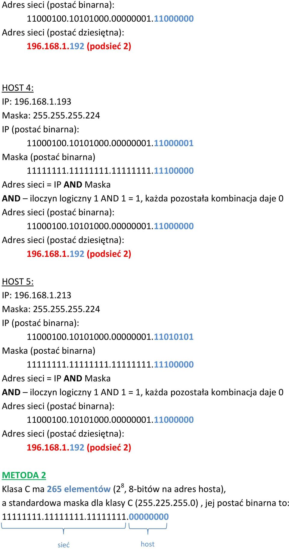 10101000.00000001.11000000 196.168.1.192 (podsieć 2) METODA 2 Klasa C ma 265 elementów (2 8, 8-bitów na adres hosta), a standardowa maska dla klasy C (255.