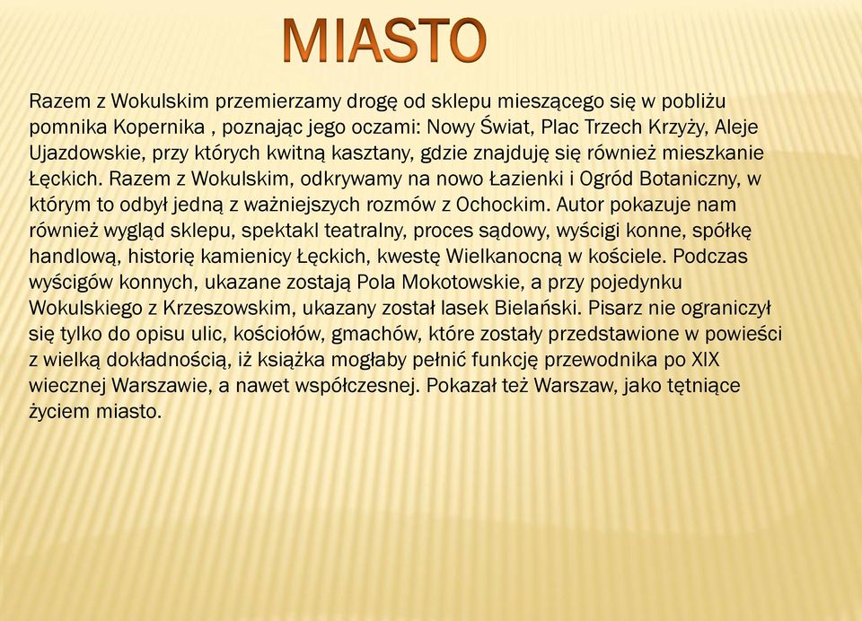 Autor pokazuje nam również wygląd sklepu, spektakl teatralny, proces sądowy, wyścigi konne, spółkę handlową, historię kamienicy Łęckich, kwestę Wielkanocną w kościele.