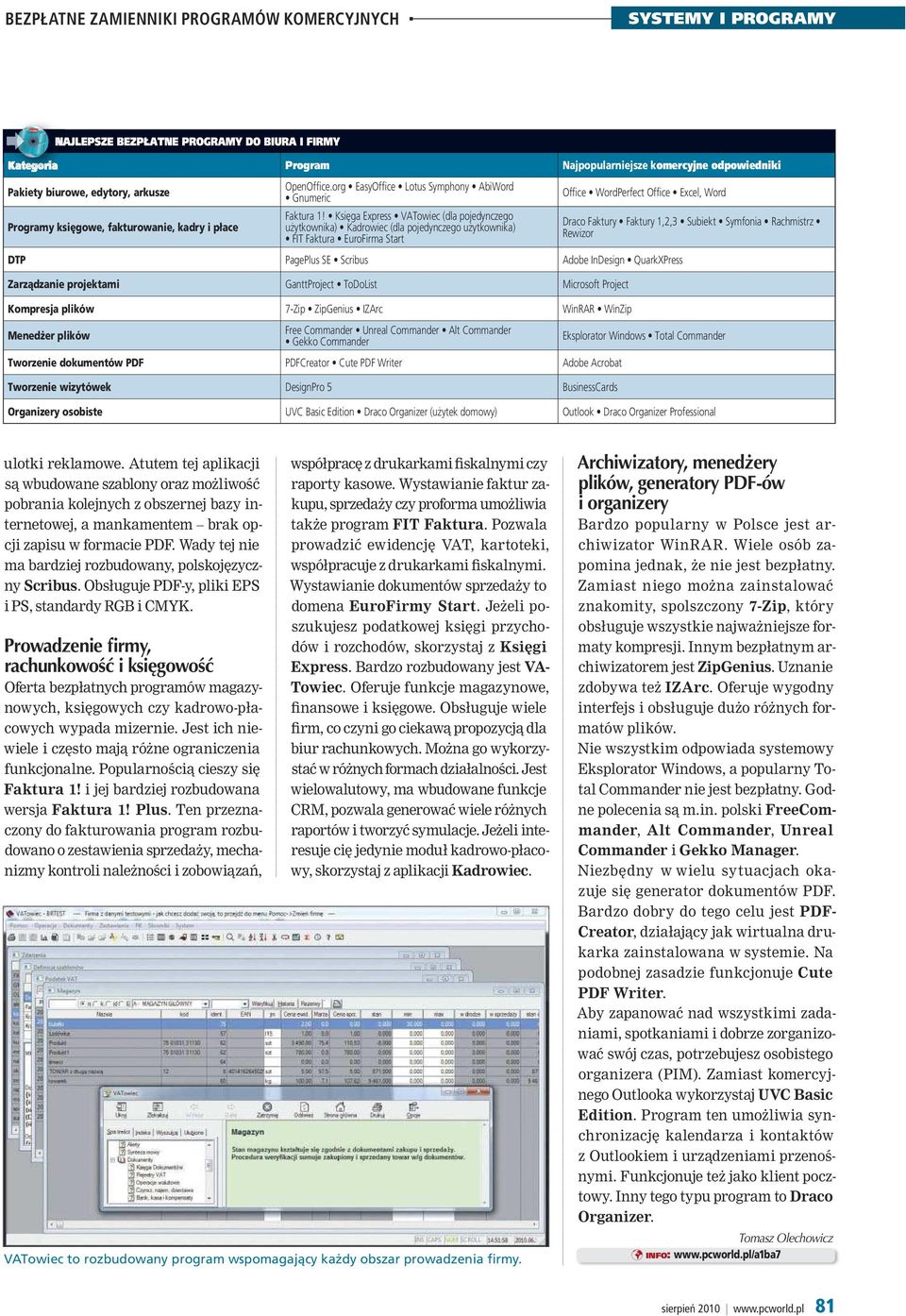Księga Express VATowiec (dla pojedynczego użytkownika) Kadrowiec (dla pojedynczego użytkownika) FIT Faktura EuroFirma Start Offi ce WordPerfect Office Excel, Word DTP PagePlus SE Scribus Adobe