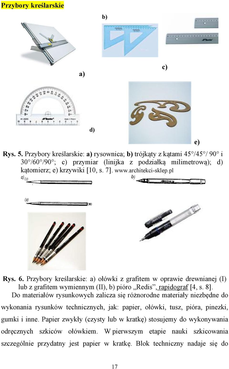 architekci-sklep.pl e) Rys. 6. Przybory kreślarskie: a) ołówki z grafitem w oprawie drewnianej (I) lub z grafitem wymiennym (II), b) pióro Redis, rapidograf [4, s. 8].